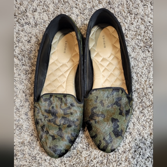 Birdies The Blackbird Half Calf Hair Green Black Camo Loafer Slip On Flat Size 8 - Picture 2 of 9
